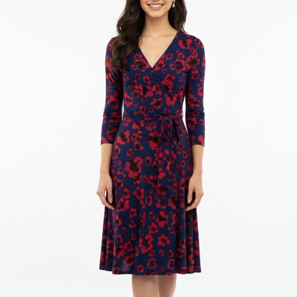 NEIMAN MARCUS Women Small Navy Red Leota Long Sleeve Surplice Midi Dress w Sash